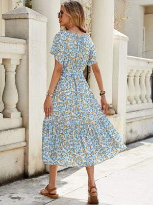 V - neck short - sleeved hollow lace splicing lotus leaf skirt rural holiday all - match dress - Negative Apparel