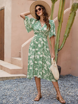 V - neck short - sleeved waist dress Bohemian holiday party beach dress - Negative Apparel