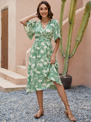 V - neck short - sleeved waist dress Bohemian holiday party beach dress - Negative Apparel