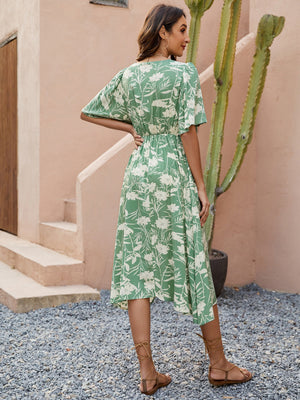 V - neck short - sleeved waist dress Bohemian holiday party beach dress - Negative Apparel