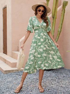 V - neck short - sleeved waist dress Bohemian holiday party beach dress - Negative Apparel