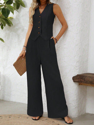 V - Neck Sleeveless Faux Pocket Front Chiffon Vest + High Waist Pleated Side Pocket Straight Leg Pants - Negative Apparel