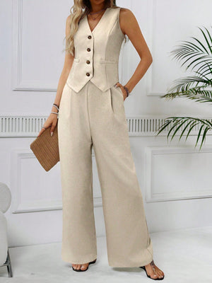 V - Neck Sleeveless Faux Pocket Front Chiffon Vest + High Waist Pleated Side Pocket Straight Leg Pants - Negative Apparel