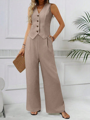 V - Neck Sleeveless Faux Pocket Front Chiffon Vest + High Waist Pleated Side Pocket Straight Leg Pants - Negative Apparel