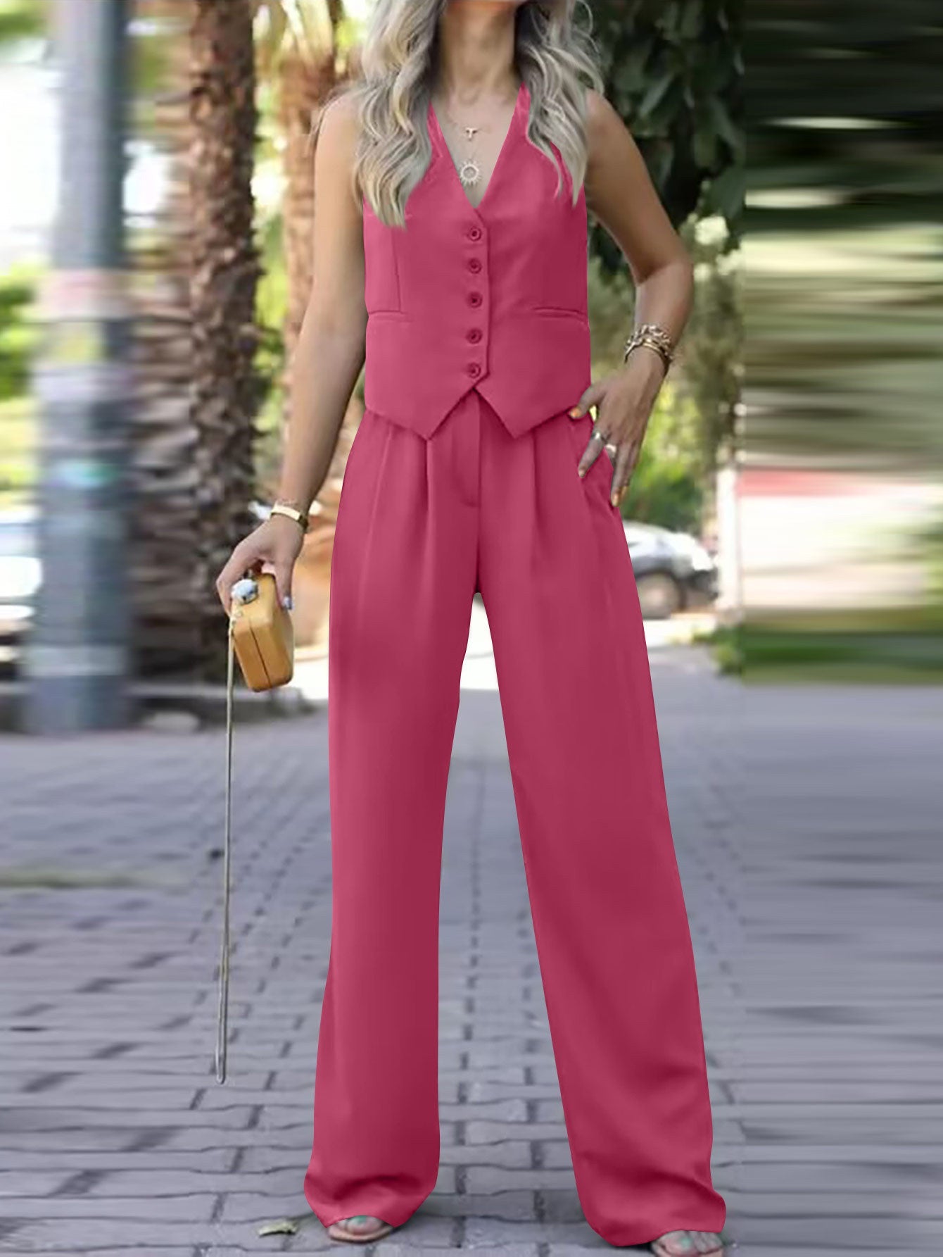 V - neck sleeveless vest vest drape wide - leg trousers casual suit - Negative Apparel