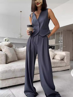 V - neck sleeveless vest vest drape wide - leg trousers casual suit - Negative Apparel