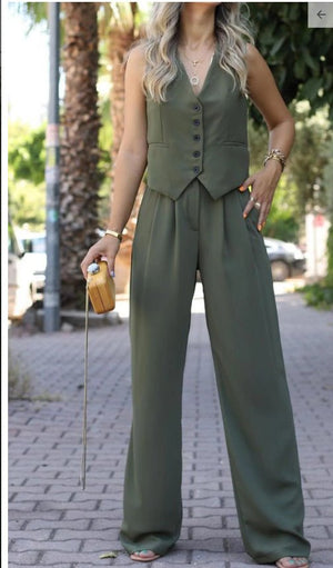 V - neck sleeveless vest vest drape wide - leg trousers casual suit - Negative Apparel
