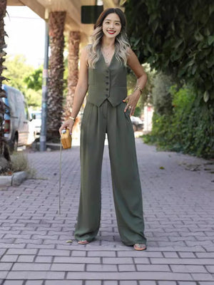 V - neck sleeveless vest vest drape wide - leg trousers casual suit - Negative Apparel
