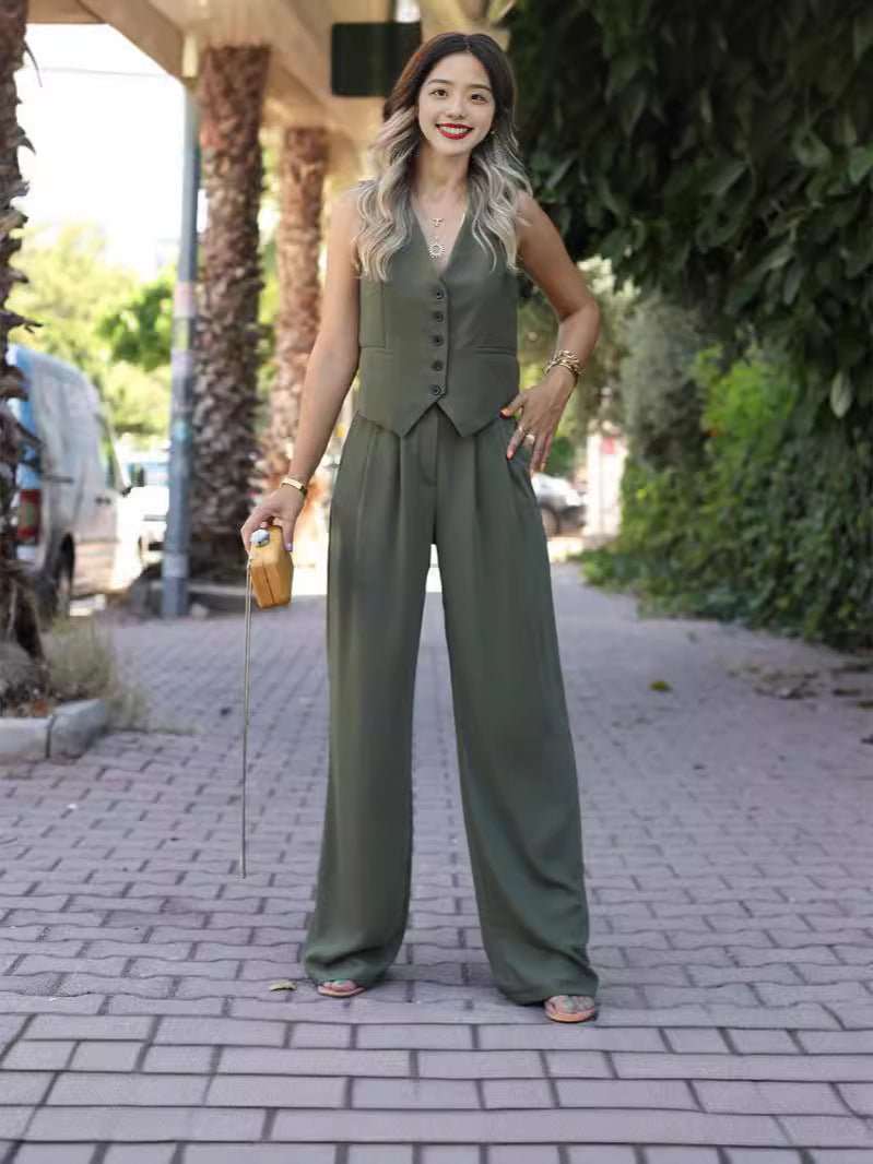 V - neck sleeveless vest vest drape wide - leg trousers casual suit - Negative Apparel
