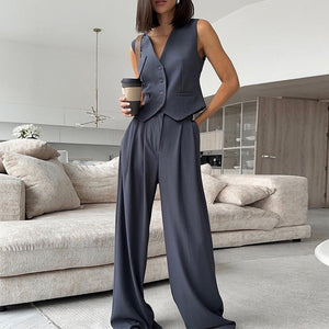 V - neck sleeveless vest vest drape wide - leg trousers casual suit - Negative Apparel