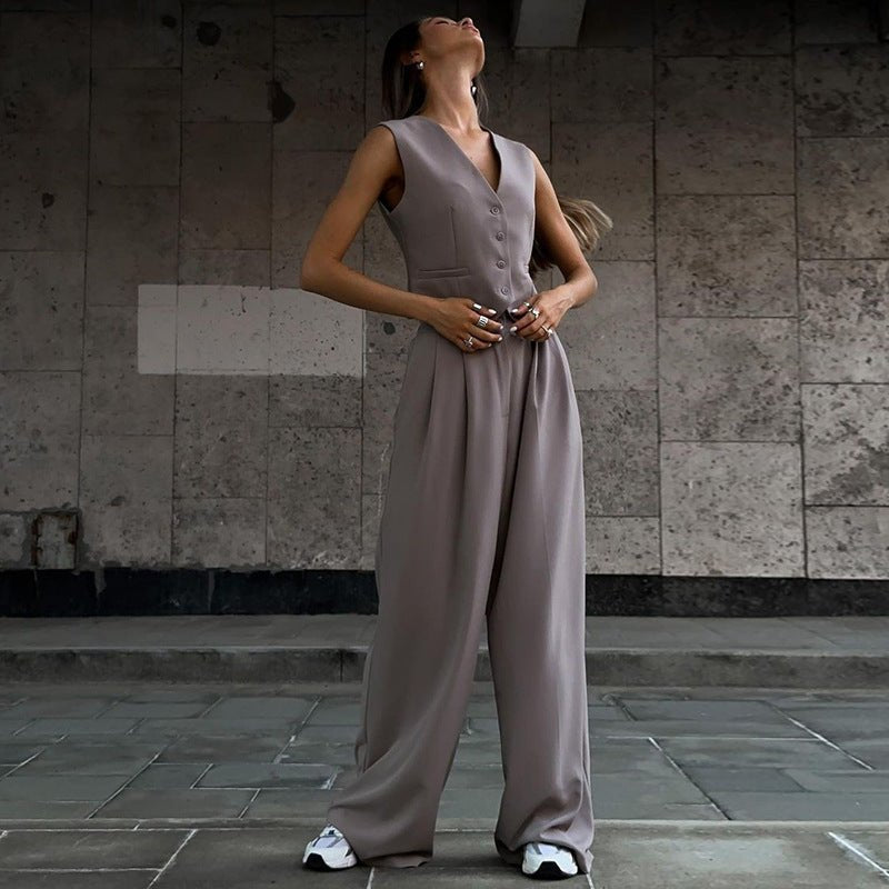 V - neck sleeveless vest vest drape wide - leg trousers casual suit - Negative Apparel