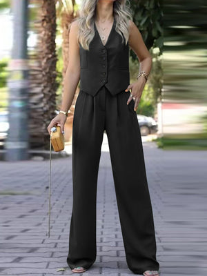 V - neck sleeveless vest vest drape wide - leg trousers casual suit - Negative Apparel