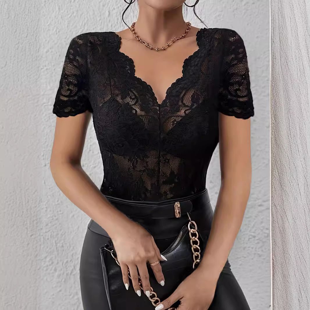 V - neck solid color lace sexy T-shirt slim and thin top women's clothing - Negative Apparel