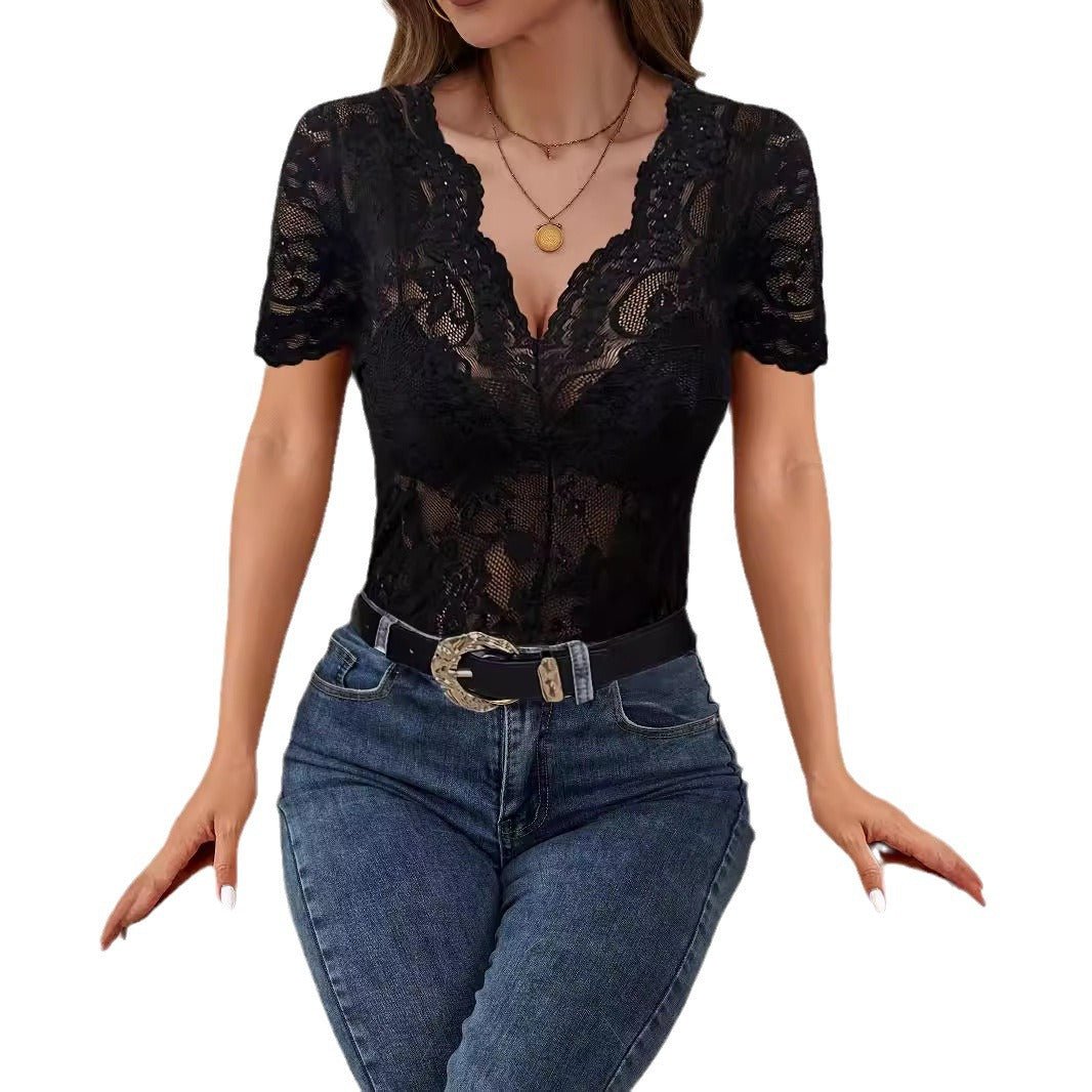 V - neck solid color lace sexy T-shirt slim and thin top women's clothing - Negative Apparel