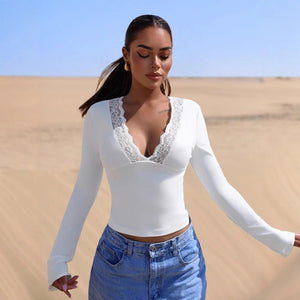 V - neck splicing lace sexy spice girl long - sleeved slim top - Negative Apparel