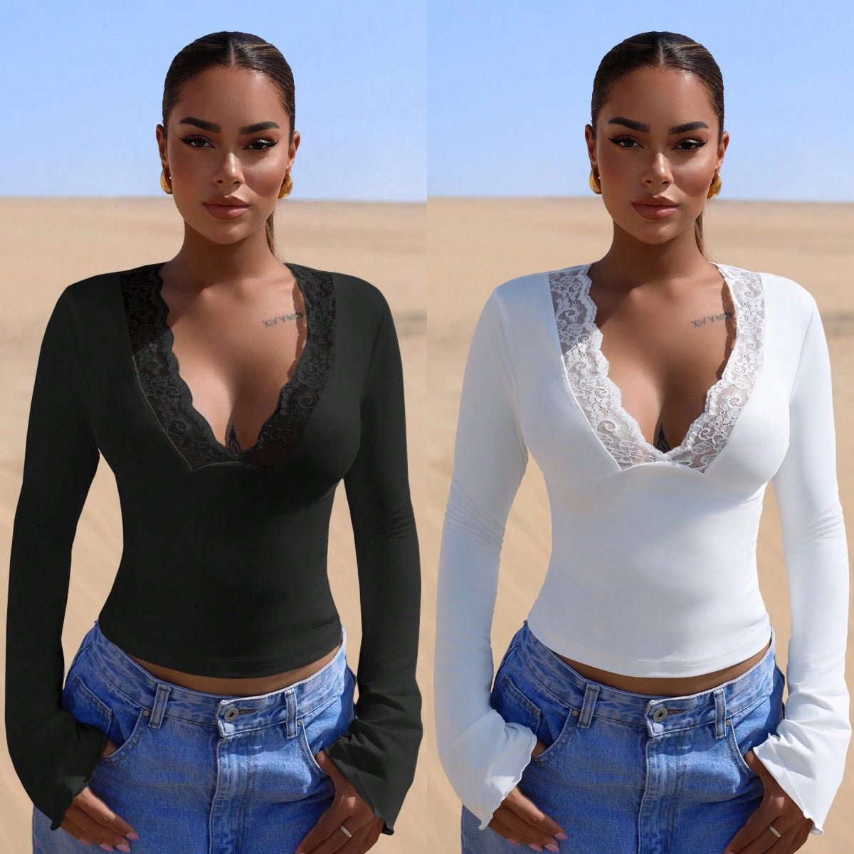 V - neck splicing lace sexy spice girl long - sleeved slim top - Negative Apparel