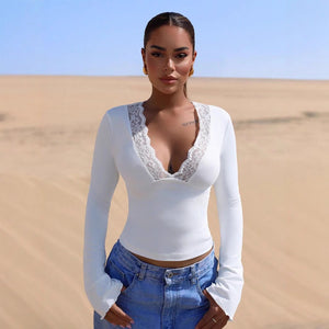 V - neck splicing lace sexy spice girl long - sleeved slim top - Negative Apparel