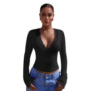 V - neck splicing lace sexy spice girl long - sleeved slim top - Negative Apparel