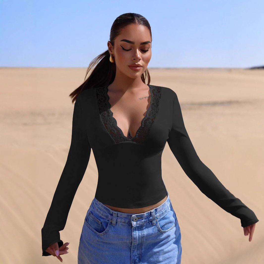 V - neck splicing lace sexy spice girl long - sleeved slim top - Negative Apparel