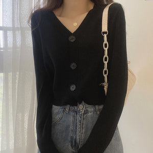 V - neck sweater women's 2022 autumn and winter new outer white top cardigan long - sleeved short knitted cardigan wholesale - Negative Apparel