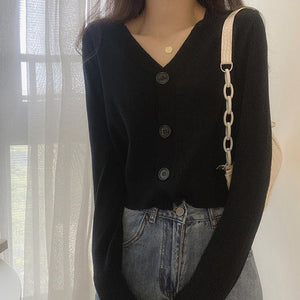 V - neck sweater women's 2022 autumn and winter new outer white top cardigan long - sleeved short knitted cardigan wholesale - Negative Apparel