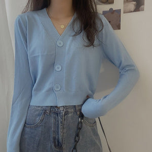 V - neck sweater women's 2022 autumn and winter new outer white top cardigan long - sleeved short knitted cardigan wholesale - Negative Apparel