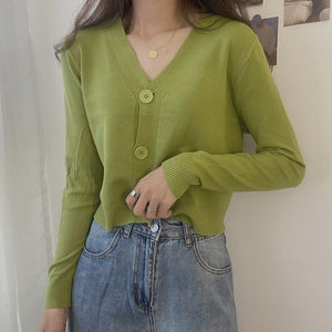 V - neck sweater women's 2022 autumn and winter new outer white top cardigan long - sleeved short knitted cardigan wholesale - Negative Apparel