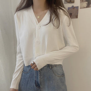 V - neck sweater women's 2022 autumn and winter new outer white top cardigan long - sleeved short knitted cardigan wholesale - Negative Apparel
