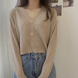 V - neck sweater women's 2022 autumn and winter new outer white top cardigan long - sleeved short knitted cardigan wholesale - Negative Apparel