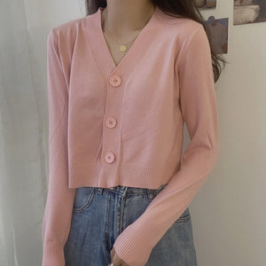 V - neck sweater women's 2022 autumn and winter new outer white top cardigan long - sleeved short knitted cardigan wholesale - Negative Apparel