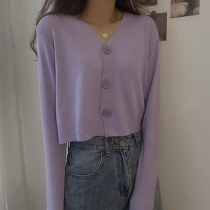 V - neck sweater women's 2022 autumn and winter new outer white top cardigan long - sleeved short knitted cardigan wholesale - Negative Apparel