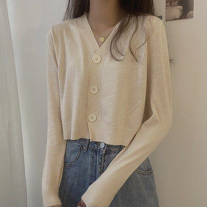 V - neck sweater women's 2022 autumn and winter new outer white top cardigan long - sleeved short knitted cardigan wholesale - Negative Apparel