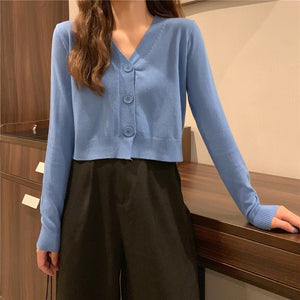 V - neck sweater women's 2022 autumn and winter new outer white top cardigan long - sleeved short knitted cardigan wholesale - Negative Apparel