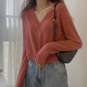 V - neck sweater women's 2022 autumn and winter new outer white top cardigan long - sleeved short knitted cardigan wholesale - Negative Apparel