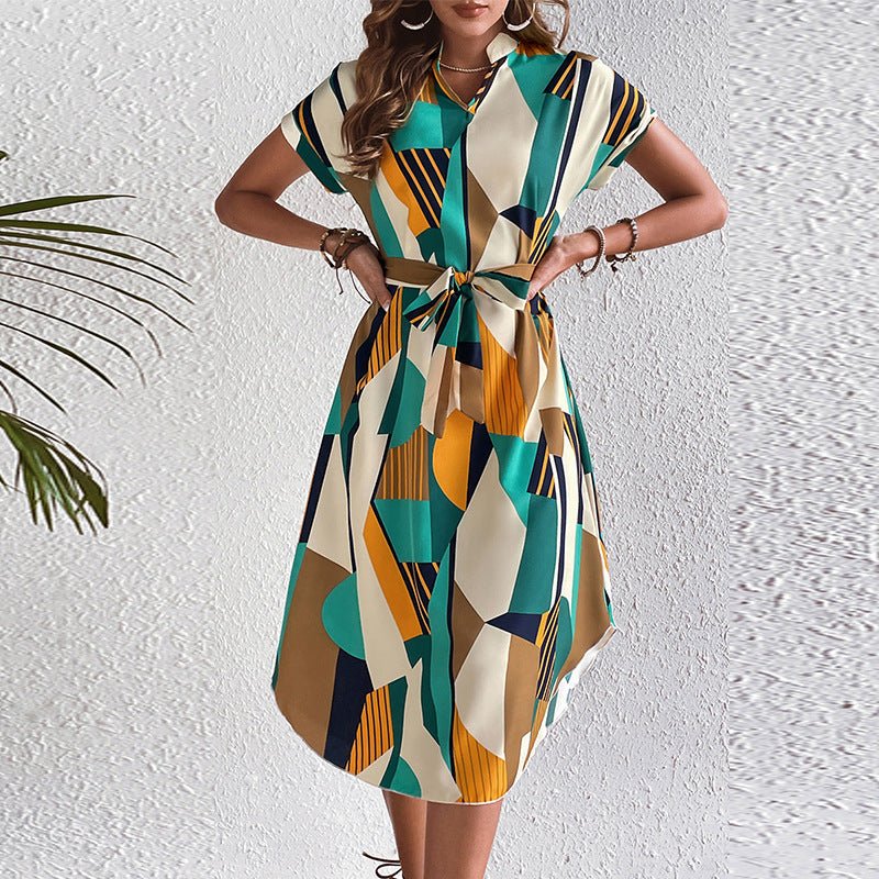 Vacation style color block dress belt short sleeve dress - Negative Apparel