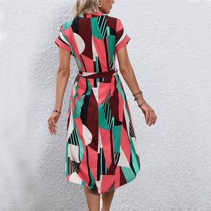 Vacation style color block dress belt short sleeve dress - Negative Apparel