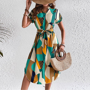 Vacation style color block dress belt short sleeve dress - Negative Apparel