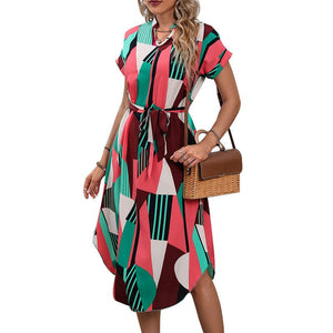 Vacation style color block dress belt short sleeve dress - Negative Apparel