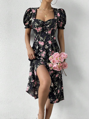 VCAY Floral Print Ruched Bust Puff Sleeve Split Thigh Dress - Negative Apparel