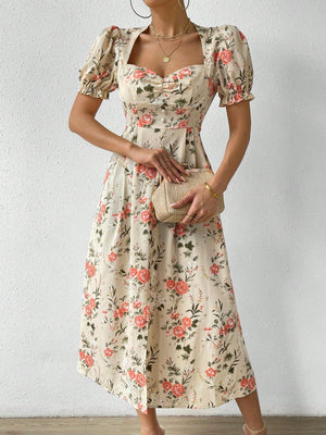 VCAY Floral Print Ruched Bust Puff Sleeve Split Thigh Dress - Negative Apparel