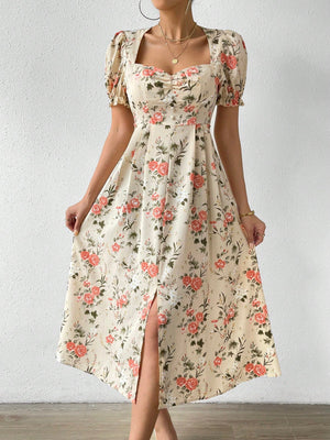 VCAY Floral Print Ruched Bust Puff Sleeve Split Thigh Dress - Negative Apparel