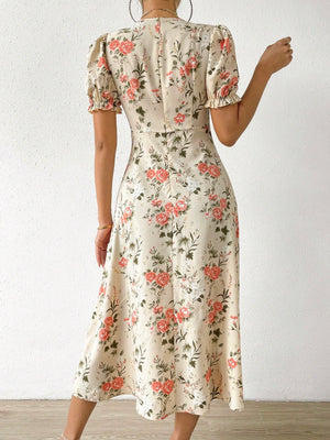 VCAY Floral Print Ruched Bust Puff Sleeve Split Thigh Dress - Negative Apparel