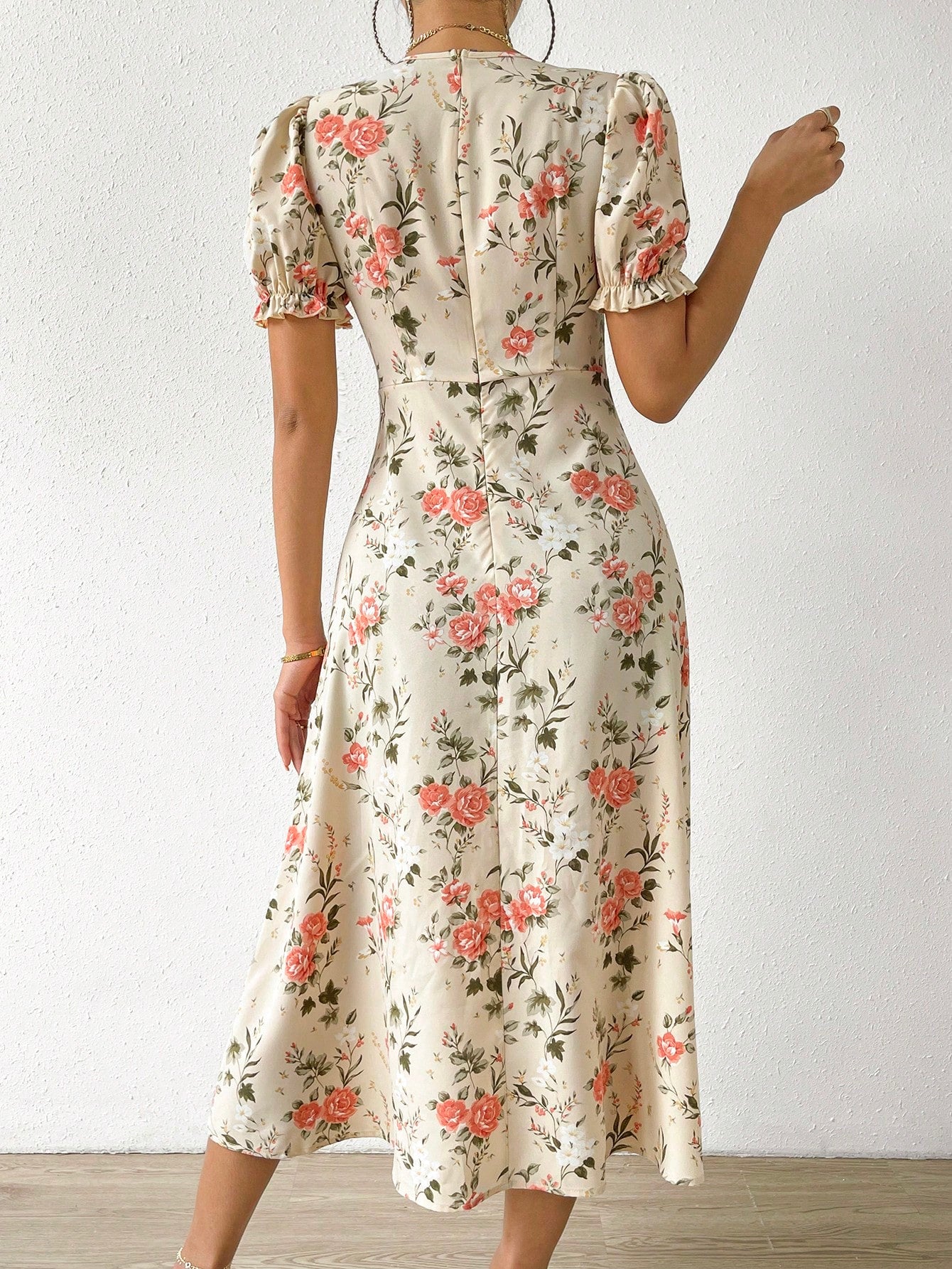 VCAY Floral Print Ruched Bust Puff Sleeve Split Thigh Dress - Negative Apparel