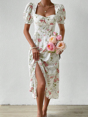 VCAY Floral Print Ruched Bust Puff Sleeve Split Thigh Dress - Negative Apparel