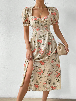 VCAY Floral Print Ruched Bust Puff Sleeve Split Thigh Dress - Negative Apparel
