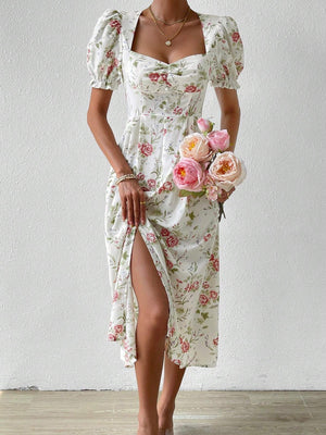 VCAY Floral Print Ruched Bust Puff Sleeve Split Thigh Dress - Negative Apparel