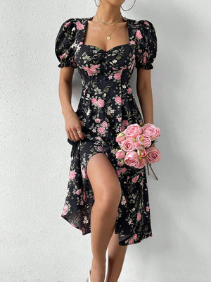 VCAY Floral Print Ruched Bust Puff Sleeve Split Thigh Dress - Negative Apparel