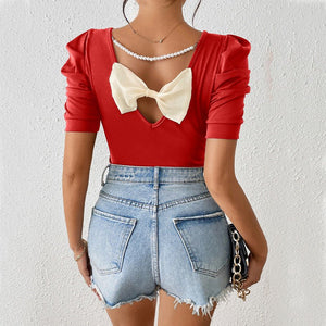 Versatile bubble short - sleeved T-shirt bow top jumper - Negative Apparel