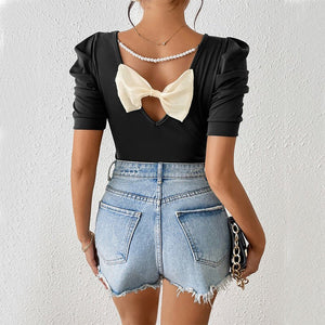 Versatile bubble short - sleeved T-shirt bow top jumper - Negative Apparel