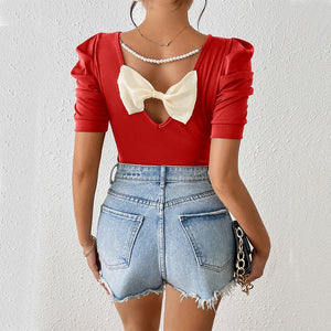 Versatile bubble short - sleeved T-shirt bow top jumper - Negative Apparel